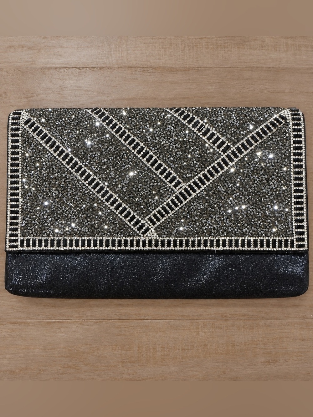 Lulu Townsend Black Silver Rhinestone Crystal Evening Clutch